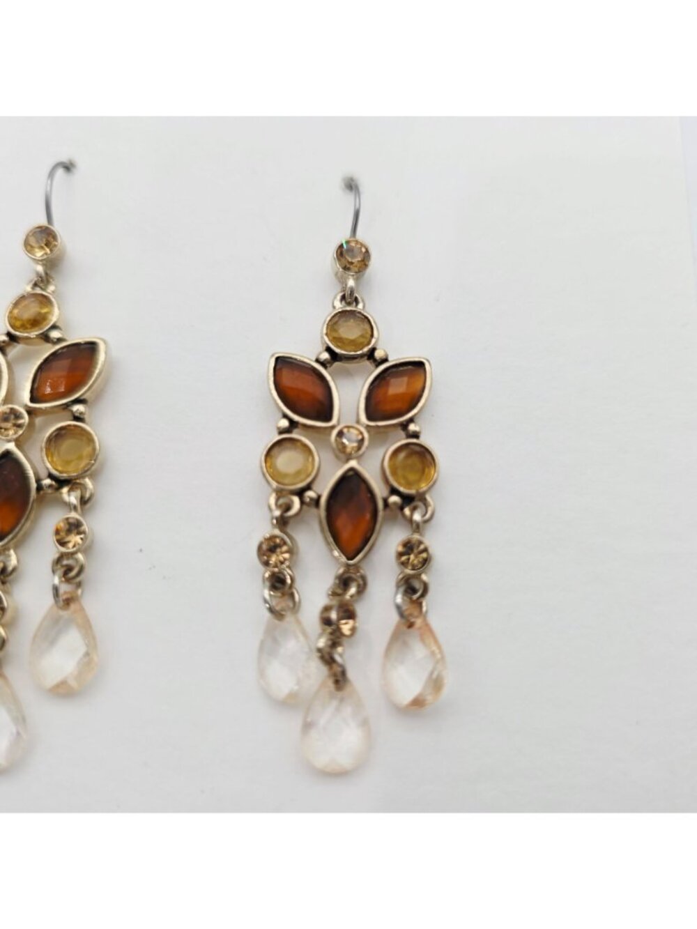 Gold Tone Earrings Faceted Citrine Color Crystals and Briolette Chandelier - Picture 3 of 5